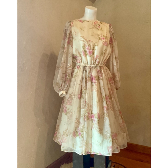 Unbranded Dresses & Skirts - VTG 80’s Women's 1OAK SZ S Spring Cream with Pink Floral Puffy Sleeves Fairy